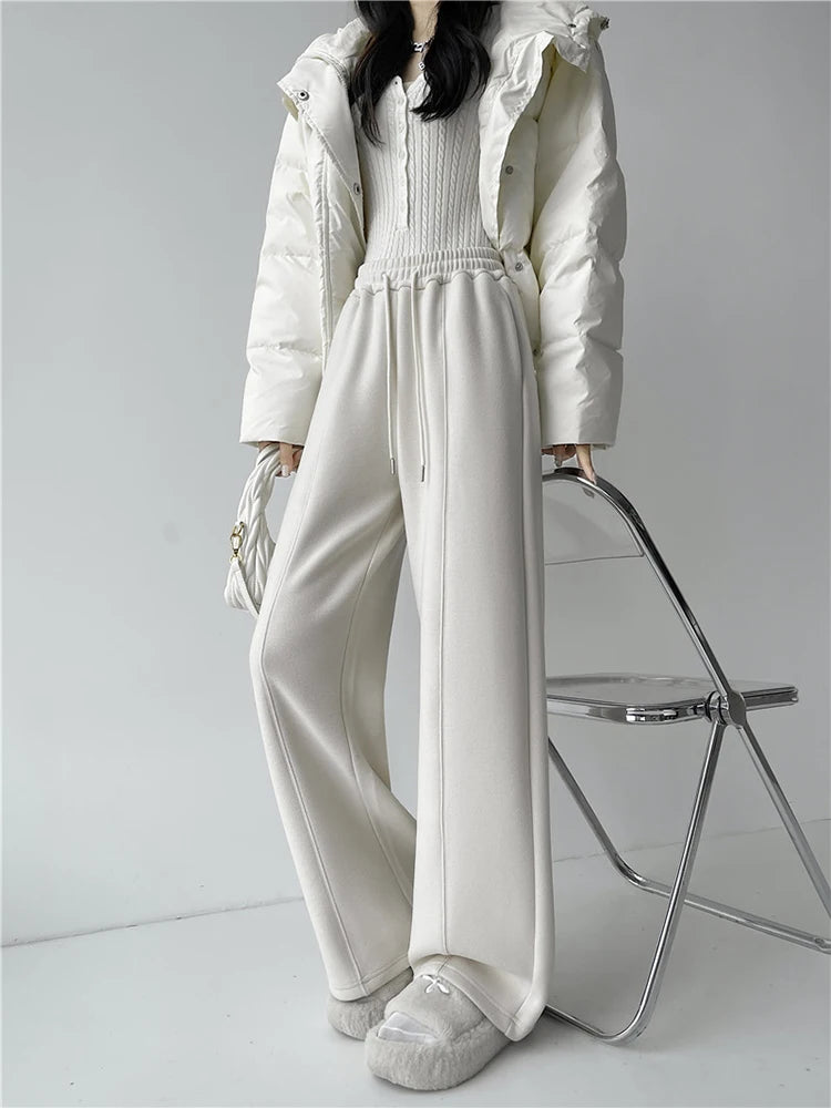 Streamgirl Thick Warm Straight Pants For Women Office Brown Wide Leg Trousers High Waist Women's Loose Pants For Ladies Spring