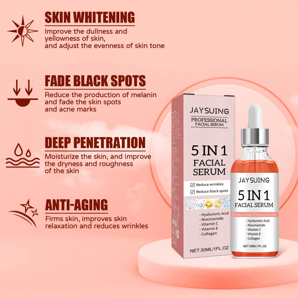 5 In 1 Face Serum Hyaluronic Acid Moisturizing Whitening Anti Wrinkle Aging Vitamin C Fade spots Shrink Pores Skin Care 30ml