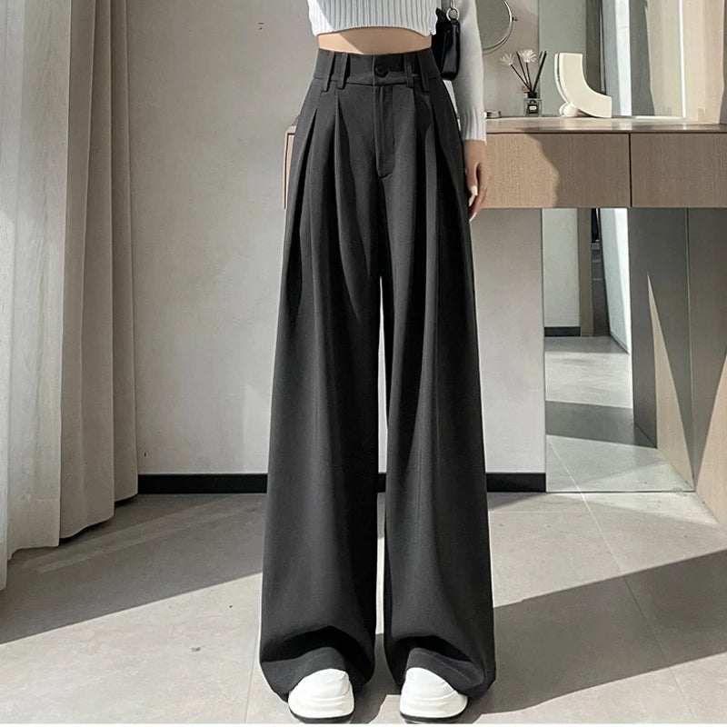 High Waist Autumn Winter Vintage Button Women's Wide Leg Pants 2025 New Loose Solid Korean Straight Full Length Trousers Female