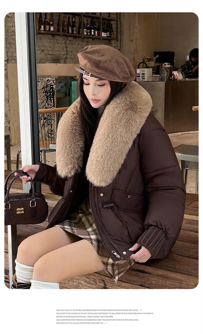 2025 Fashion Big Fur Collar Down Cotton-padded Jacket Women's Short Parkas Winter Streetwear Outerwear Lady Thicken Loose Coats