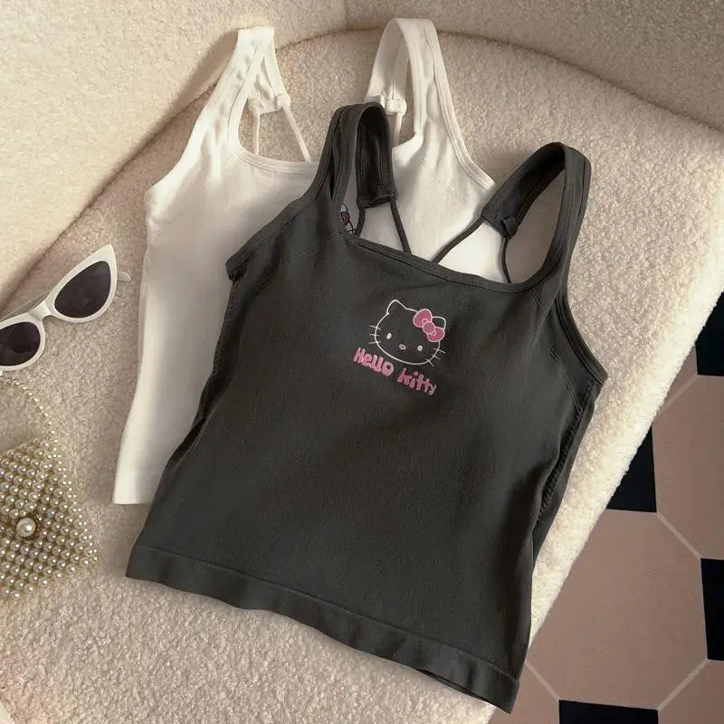 Kawaii Hellokitty Fashion Women Clothing Y2K Tops with Breast Pad Cute T-Shirt Girls Summer Cropped Tops White Sexy Suspender