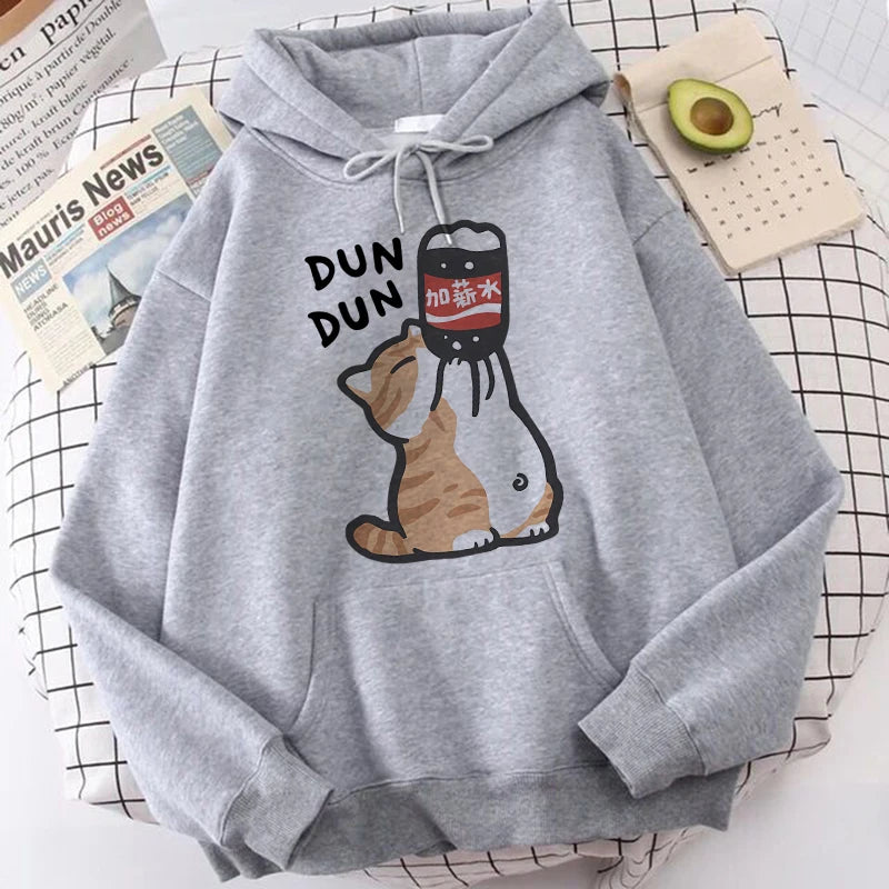Cat Drinking Beverages Print Sweatshirts Clothes Women Casual 90s Kangaroo Pocket Hoodies Unisex Fashion Funny Hooded Pullovers