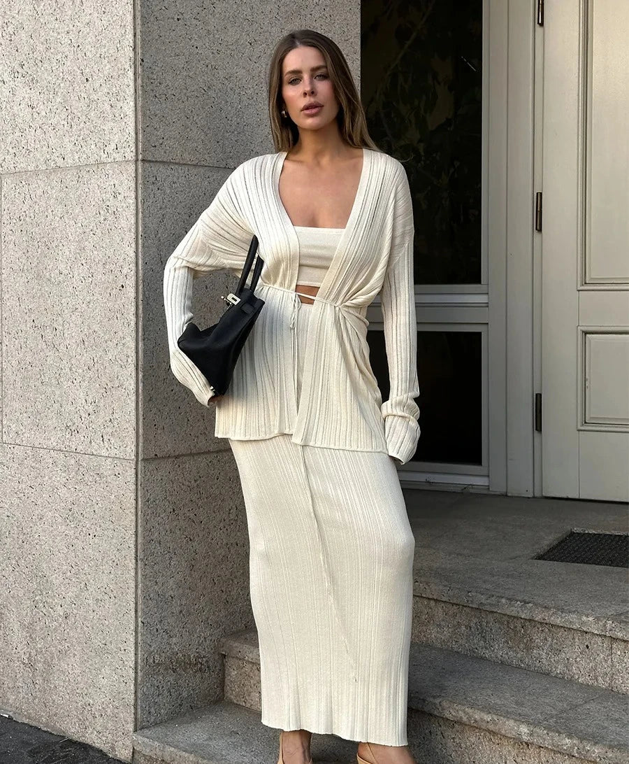 Vest Sweater 3-piece SetWomen's Minimalist Autumn Winter Knit Set Cardigan Camisole Skirt Loose Design Solid Color