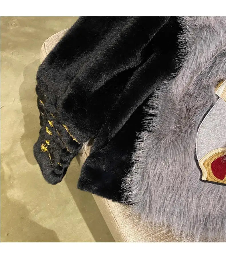 Chic Cartoon Embroidery Faux Mink Fur Faux Leather Spliced Coat Retro Metal Buttons Velvet Jacket OL Furry Cardigan Tops Jaqueta