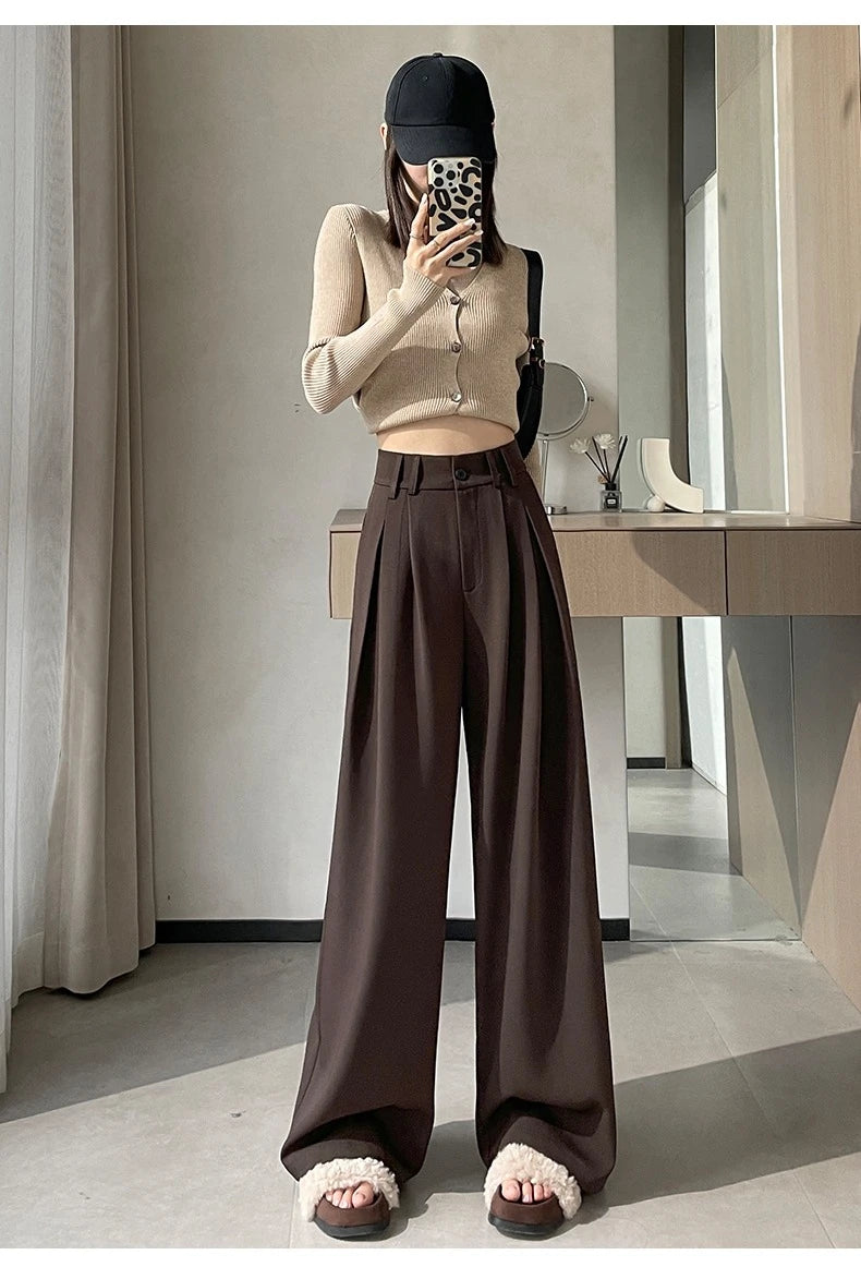 High Waist Autumn Winter Vintage Button Women's Wide Leg Pants 2025 New Loose Solid Korean Straight Full Length Trousers Female