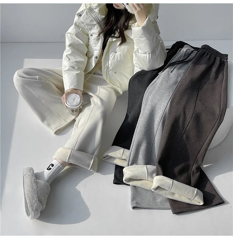 Streamgirl Thick Warm Straight Pants For Women Office Brown Wide Leg Trousers High Waist Women's Loose Pants For Ladies Spring