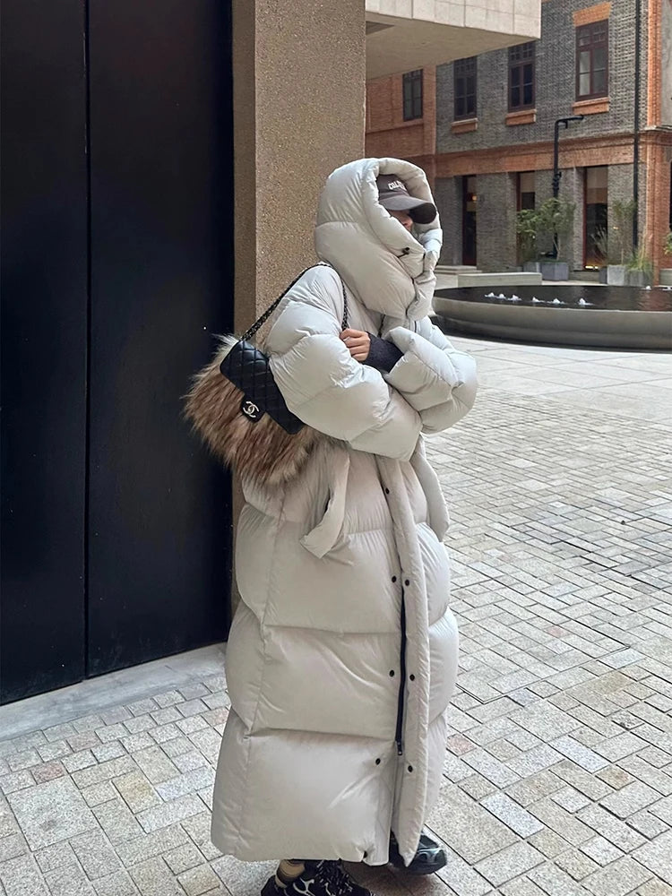 Winter Thick Long Hooded Down Jacket Female Solid Warm Outdoor Parkas Outwears Women White Duck Down Knee Length Down Jackets