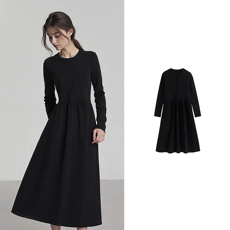 TOYOUTH Women Dresses 2025 Winter New Little Black Dress Spliced Crew-neck Minimalist Base Dresses