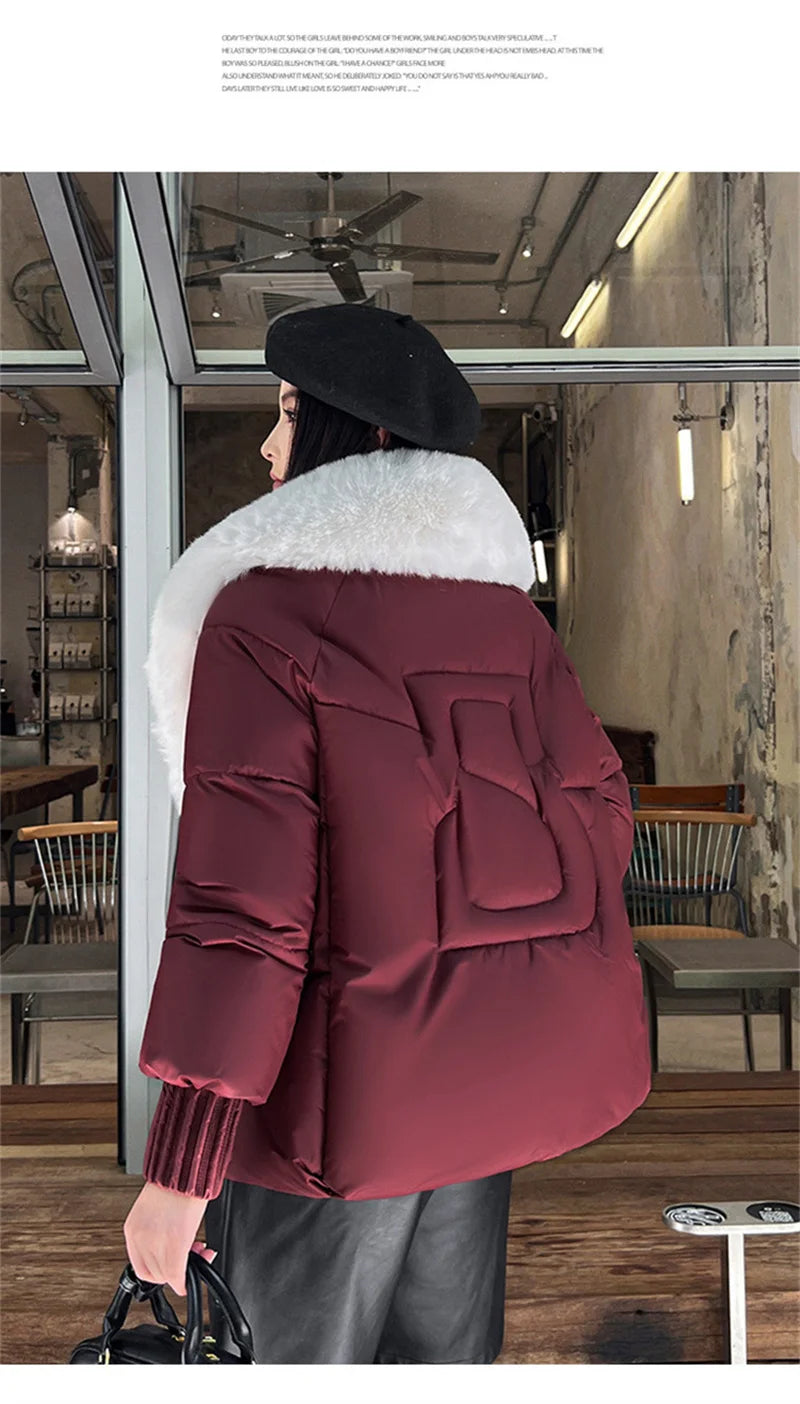 2025 Fashion Big Fur Collar Down Cotton-padded Jacket Women's Short Parkas Winter Streetwear Outerwear Lady Thicken Loose Coats