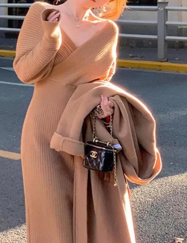 New Autumn/Winter Fashion Long Sleeve V-neck Knitted Solid Color Slim Fit Dress For Women,5 Colors