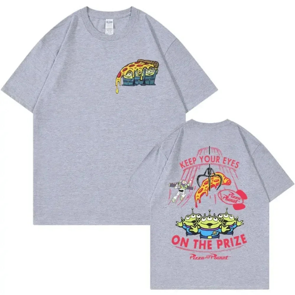 Double Sided Fun Pizza Planet Design T-shirt  Women's Fashion Cartoon T-shirt  Casual Short Sleeve T-shirt