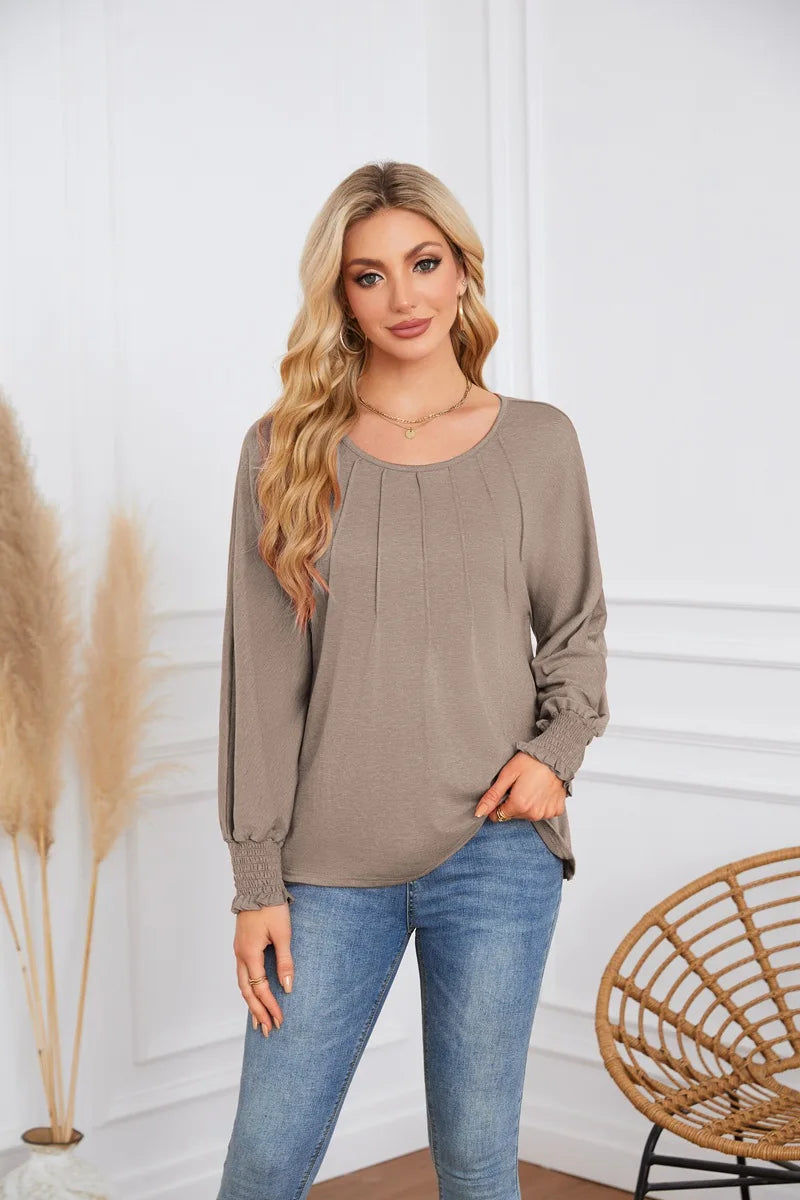 Woman Clothes Solid Color Pleated Top Round Neck Lantern Sleeves Loose Fit Multi Color Options Casual Outings Daily Wear