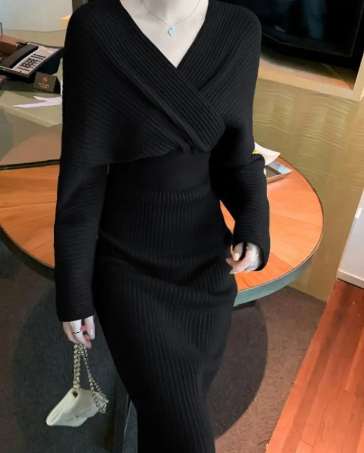 New Autumn/Winter Fashion Long Sleeve V-neck Knitted Solid Color Slim Fit Dress For Women,5 Colors
