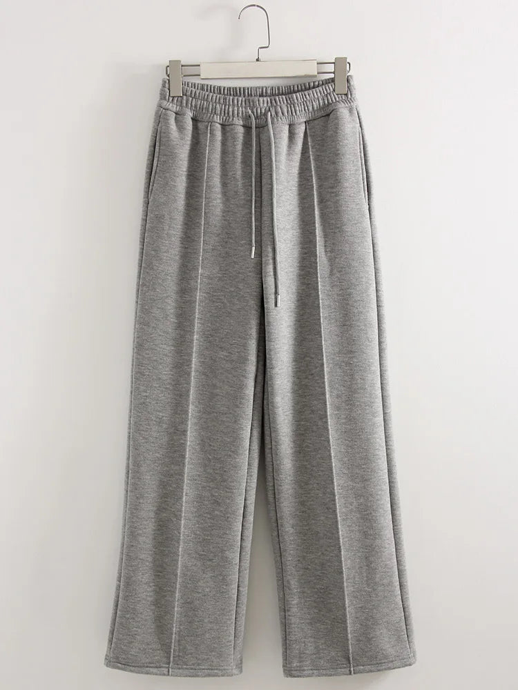 Streamgirl Thick Warm Straight Pants For Women Office Brown Wide Leg Trousers High Waist Women's Loose Pants For Ladies Spring