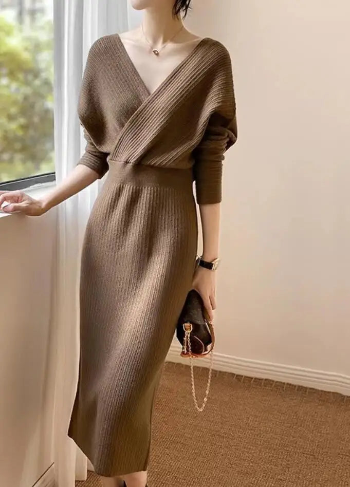 New Autumn/Winter Fashion Long Sleeve V-neck Knitted Solid Color Slim Fit Dress For Women,5 Colors