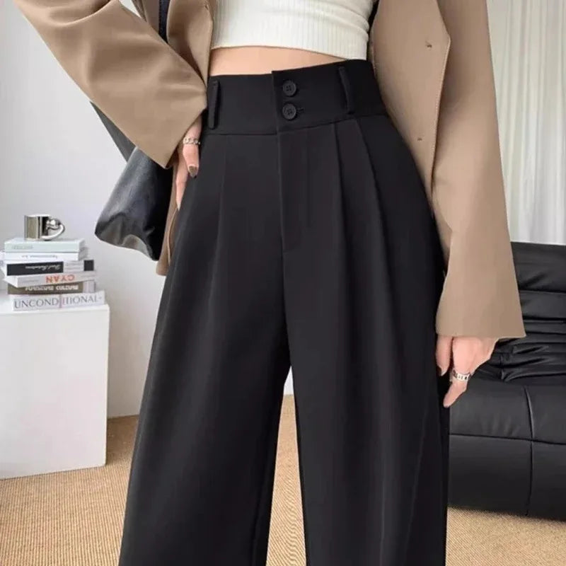Korean style high waisted black loose pants for office ladies, fashionable loose suit pants for street wear, straight leg pants