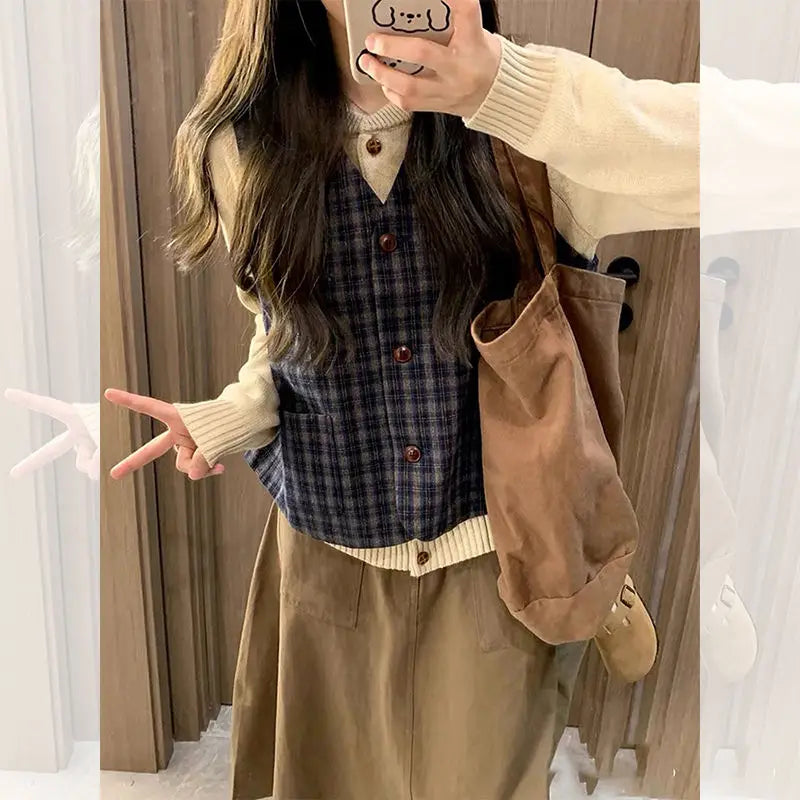 Japanese Style Preppy Style Three Piece Sets Fashion Autumn New Women Button Knitted Cardigan Plaid Vest Skirts Sweet Skirt Suit
