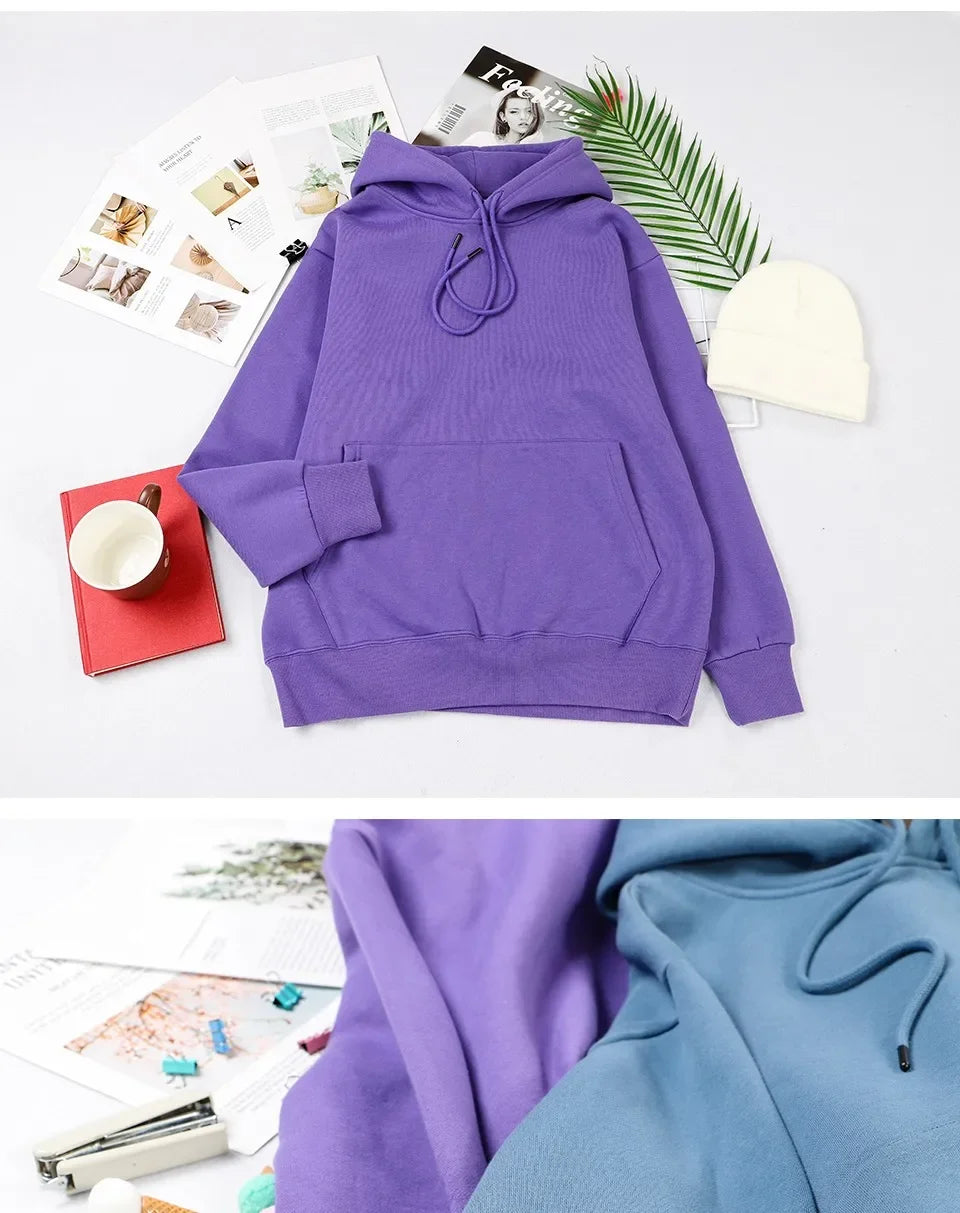 Autumn casual women's solid color hoodie, comfortable stretch sports shirt, loose pocket warm clothes, fashionable street men's