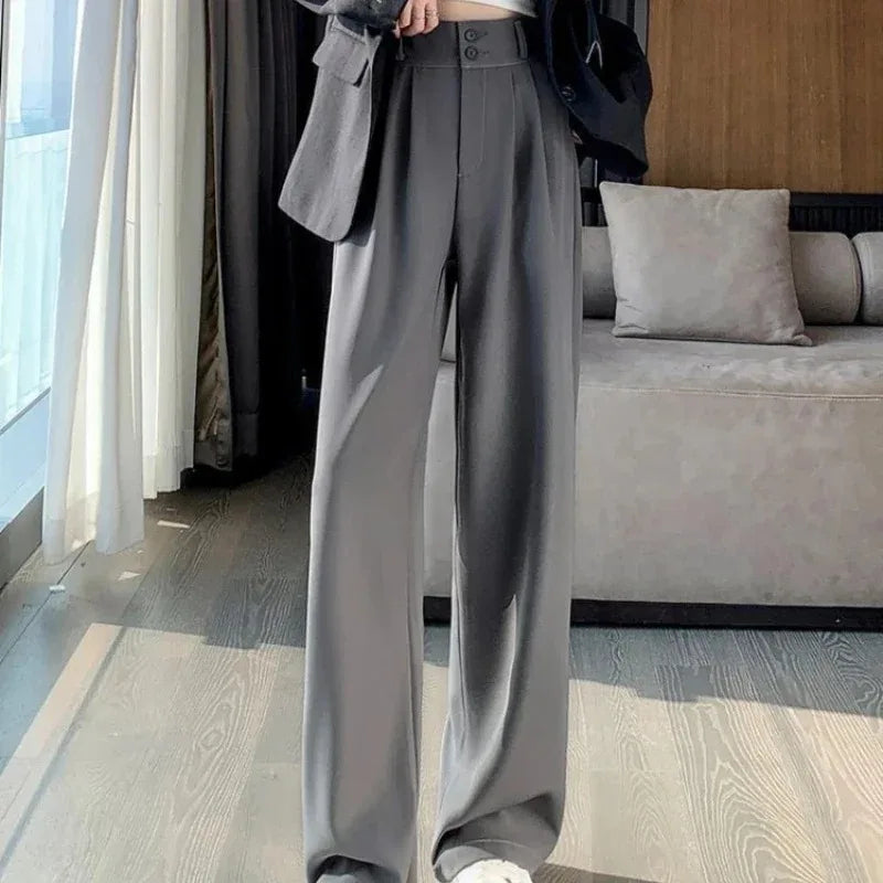 Korean style high waisted black loose pants for office ladies, fashionable loose suit pants for street wear, straight leg pants