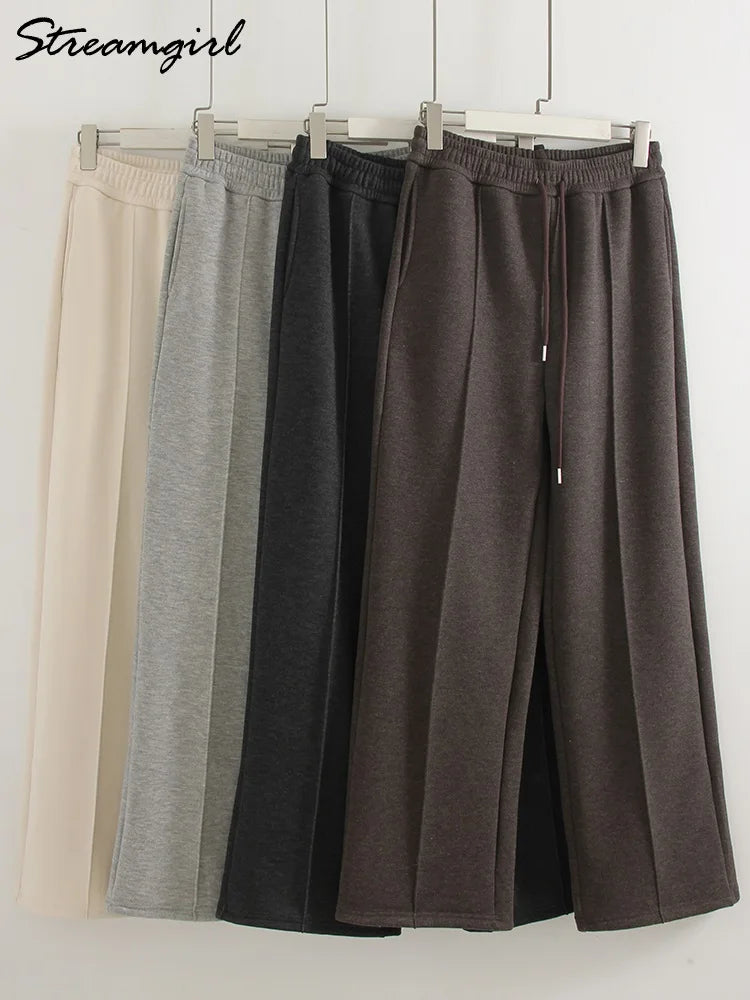 Streamgirl Thick Warm Straight Pants For Women Office Brown Wide Leg Trousers High Waist Women's Loose Pants For Ladies Spring