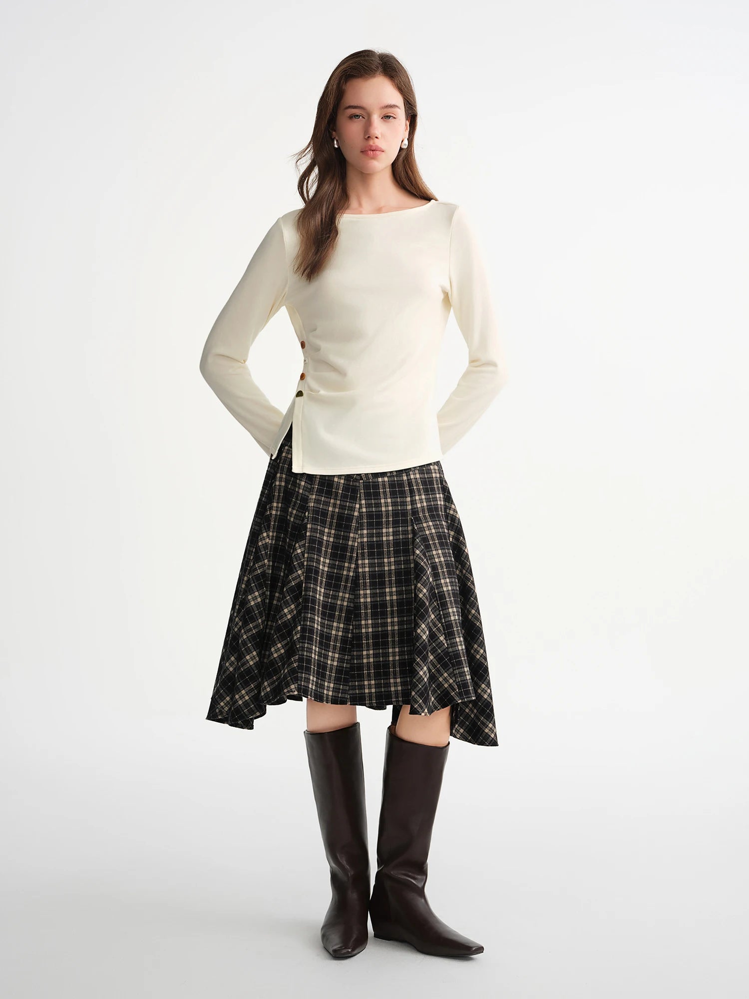 DUSHU 2025 Women's Velvet Fleece Side Slit T-Shirt - Thermal Brush Irregular Hem Slim Fit Long Sleeve Top for Casual Comfort