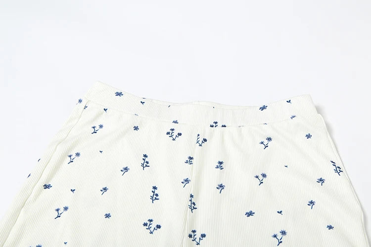 Weird Puss Casual Ribbed 2 Piece Set Women Flower Print Squard Collar Tops+Straight Pants Matching Daily Simple Elegant Suits