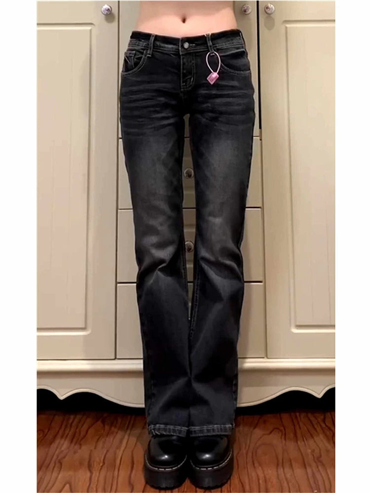 Women's Low Rise Flared Jeans Black Bootcut Jeans American Retro Denim Pants Y2k Japanese 2000s Harajuku Bell Bottom Skinny Jean