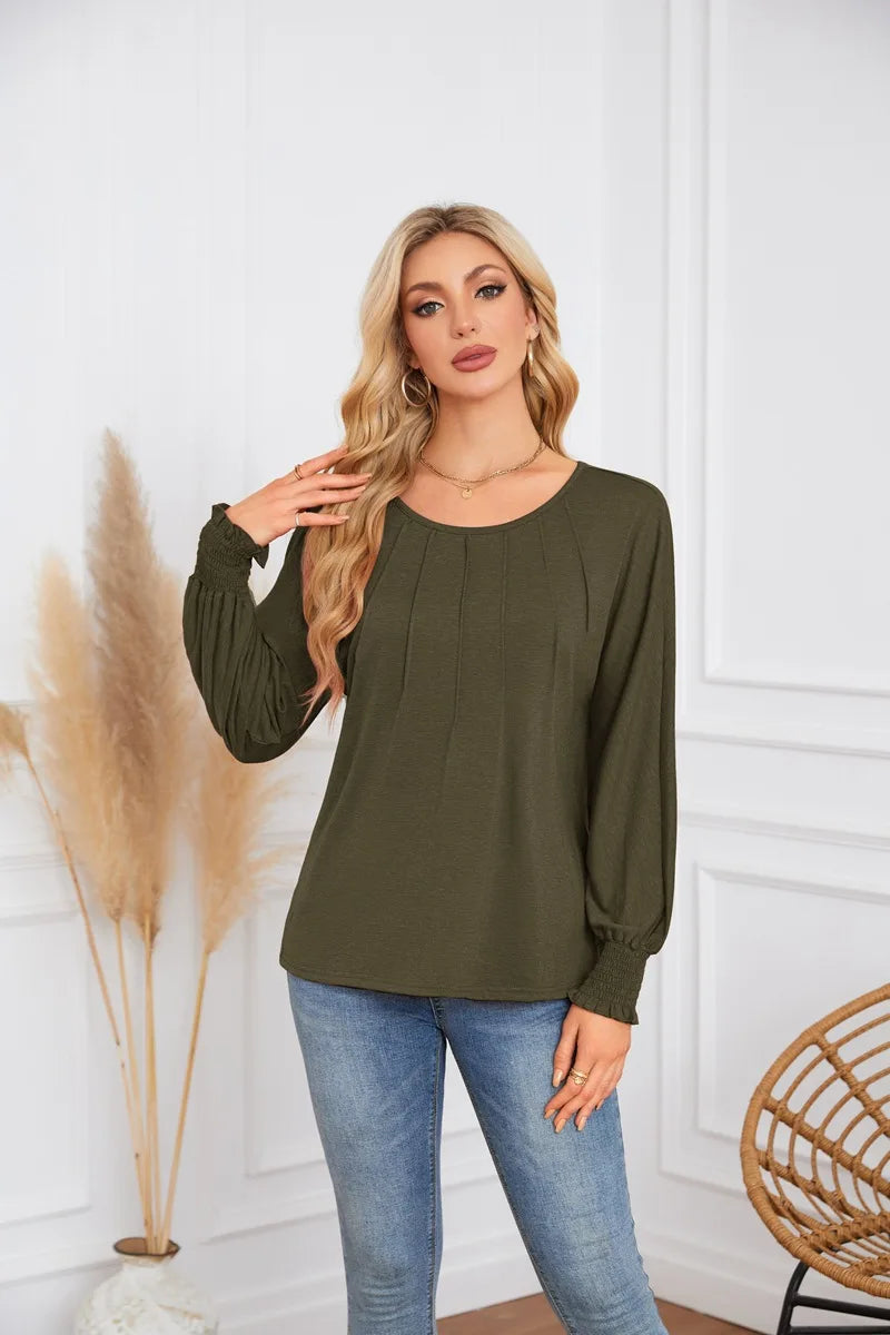 Woman Clothes Solid Color Pleated Top Round Neck Lantern Sleeves Loose Fit Multi Color Options Casual Outings Daily Wear