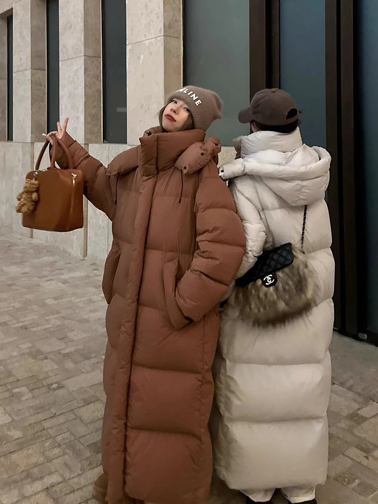 Winter Thick Long Hooded Down Jacket Female Solid Warm Outdoor Parkas Outwears Women White Duck Down Knee Length Down Jackets