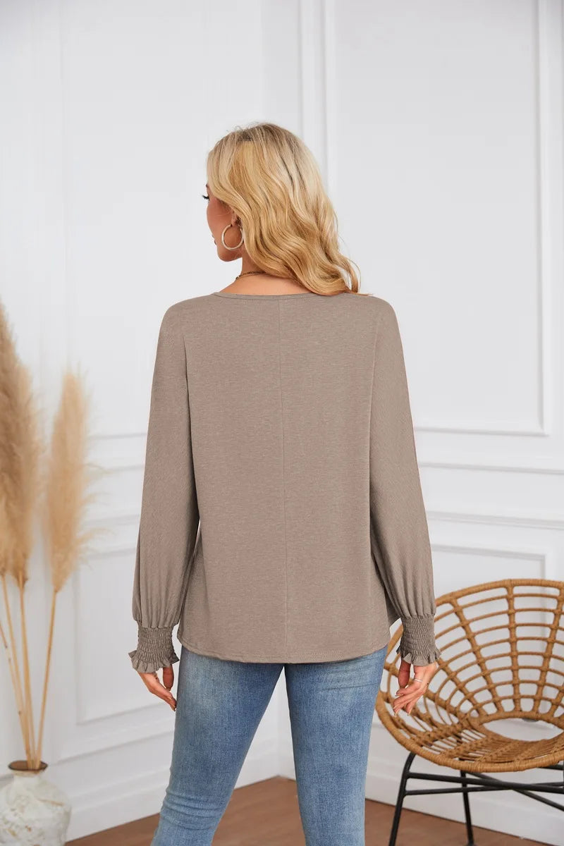 Woman Clothes Solid Color Pleated Top Round Neck Lantern Sleeves Loose Fit Multi Color Options Casual Outings Daily Wear