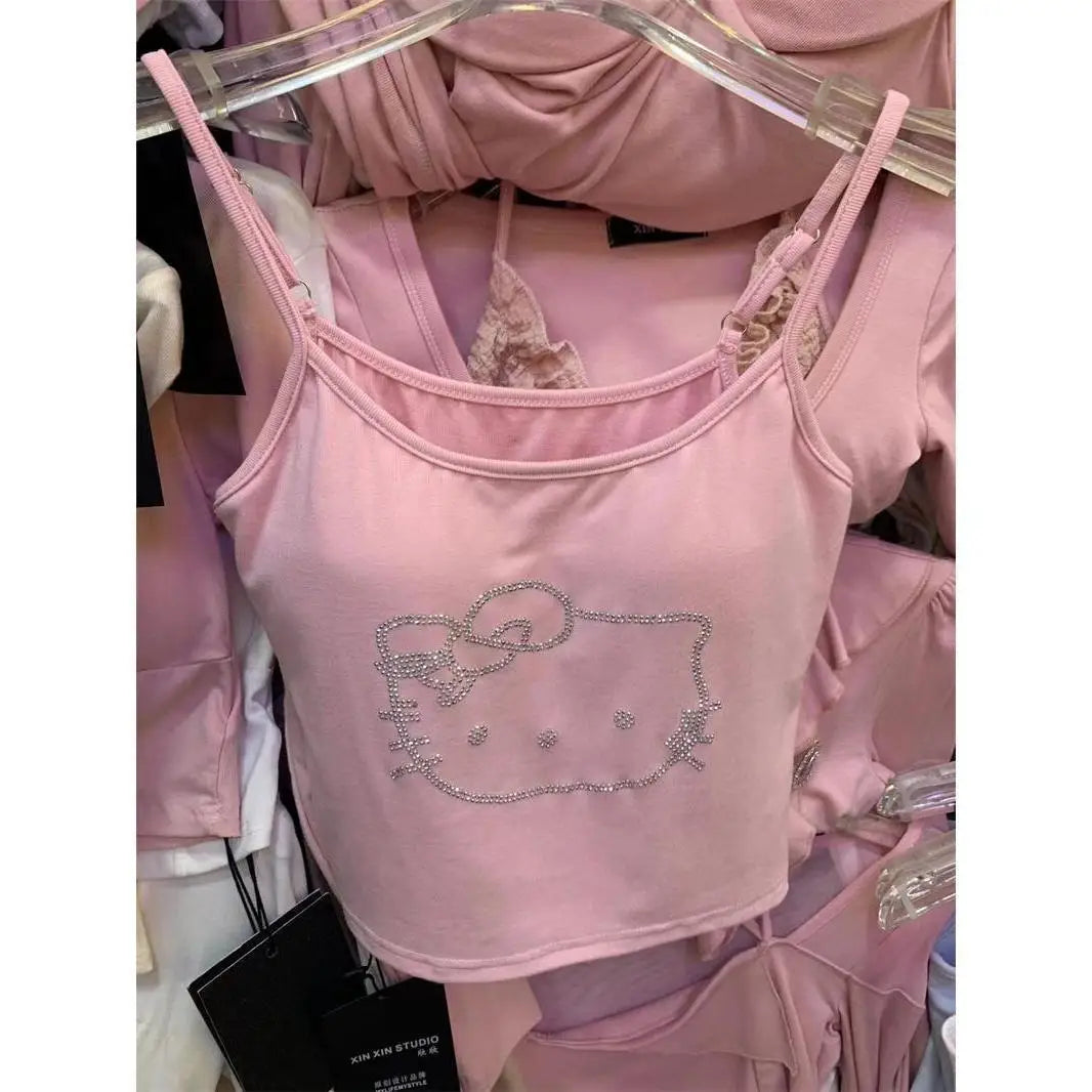 Kawaii Hellokitty Fashion Women Clothing Y2K Tops with Breast Pad Cute T-Shirt Girls Summer Cropped Tops White Sexy Suspender