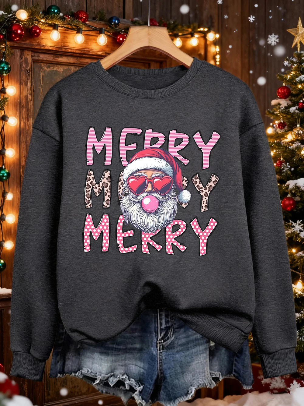 Merry Christmas Santa Claus Printed Sweatshirts Women Loose Casual Hoodies Fleece Warm Crewneck Pullover Winter Soft Clothes