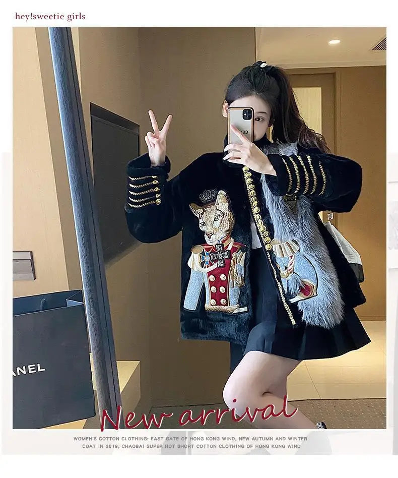 Chic Cartoon Embroidery Faux Mink Fur Faux Leather Spliced Coat Retro Metal Buttons Velvet Jacket OL Furry Cardigan Tops Jaqueta