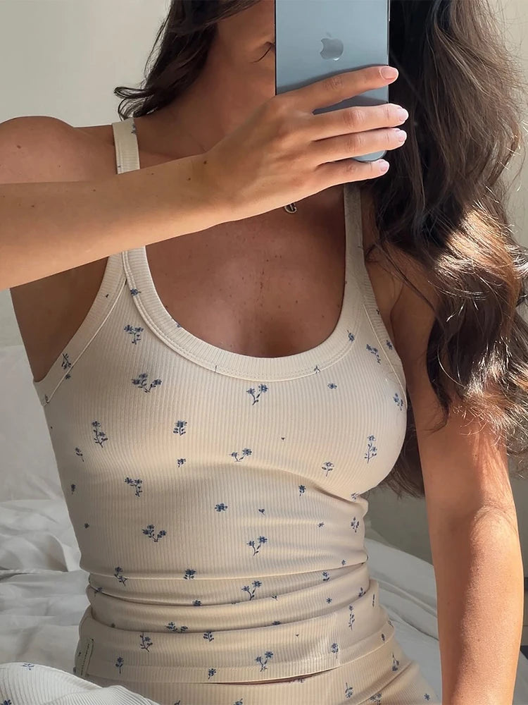 Weird Puss Casual Ribbed 2 Piece Set Women Flower Print Squard Collar Tops+Straight Pants Matching Daily Simple Elegant Suits