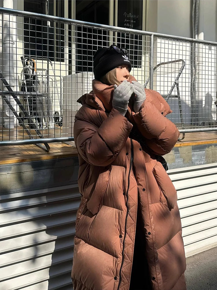 Winter Thick Long Hooded Down Jacket Female Solid Warm Outdoor Parkas Outwears Women White Duck Down Knee Length Down Jackets