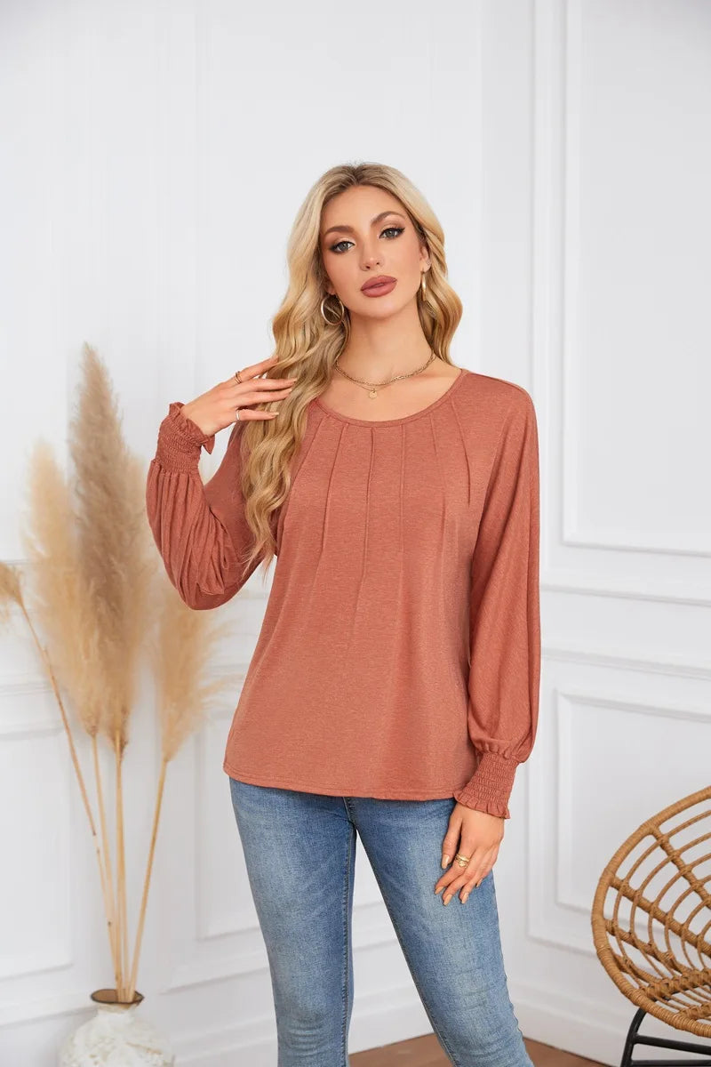 Woman Clothes Solid Color Pleated Top Round Neck Lantern Sleeves Loose Fit Multi Color Options Casual Outings Daily Wear