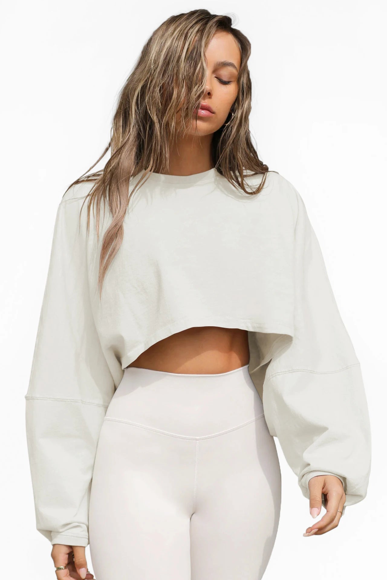 Crop neck hoodie short sports base shirt T-shirt knit shirt long sleeve top for women