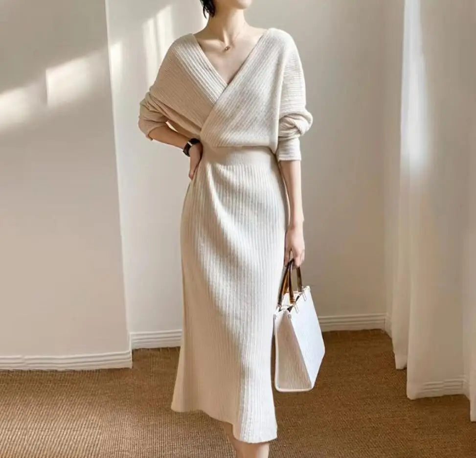 New Autumn/Winter Fashion Long Sleeve V-neck Knitted Solid Color Slim Fit Dress For Women,5 Colors