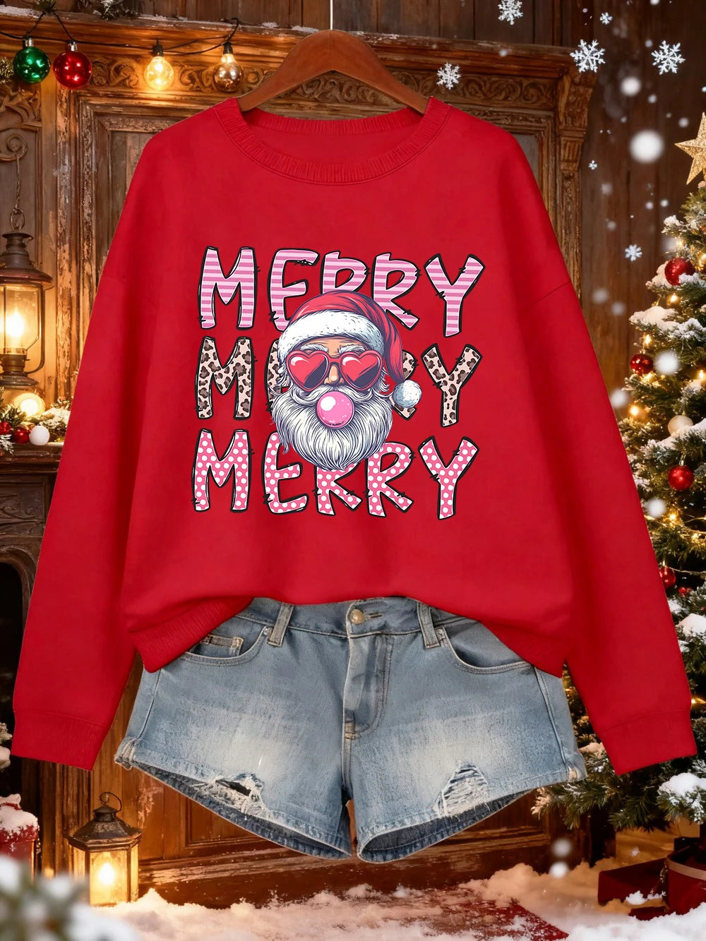 Merry Christmas Santa Claus Printed Sweatshirts Women Loose Casual Hoodies Fleece Warm Crewneck Pullover Winter Soft Clothes