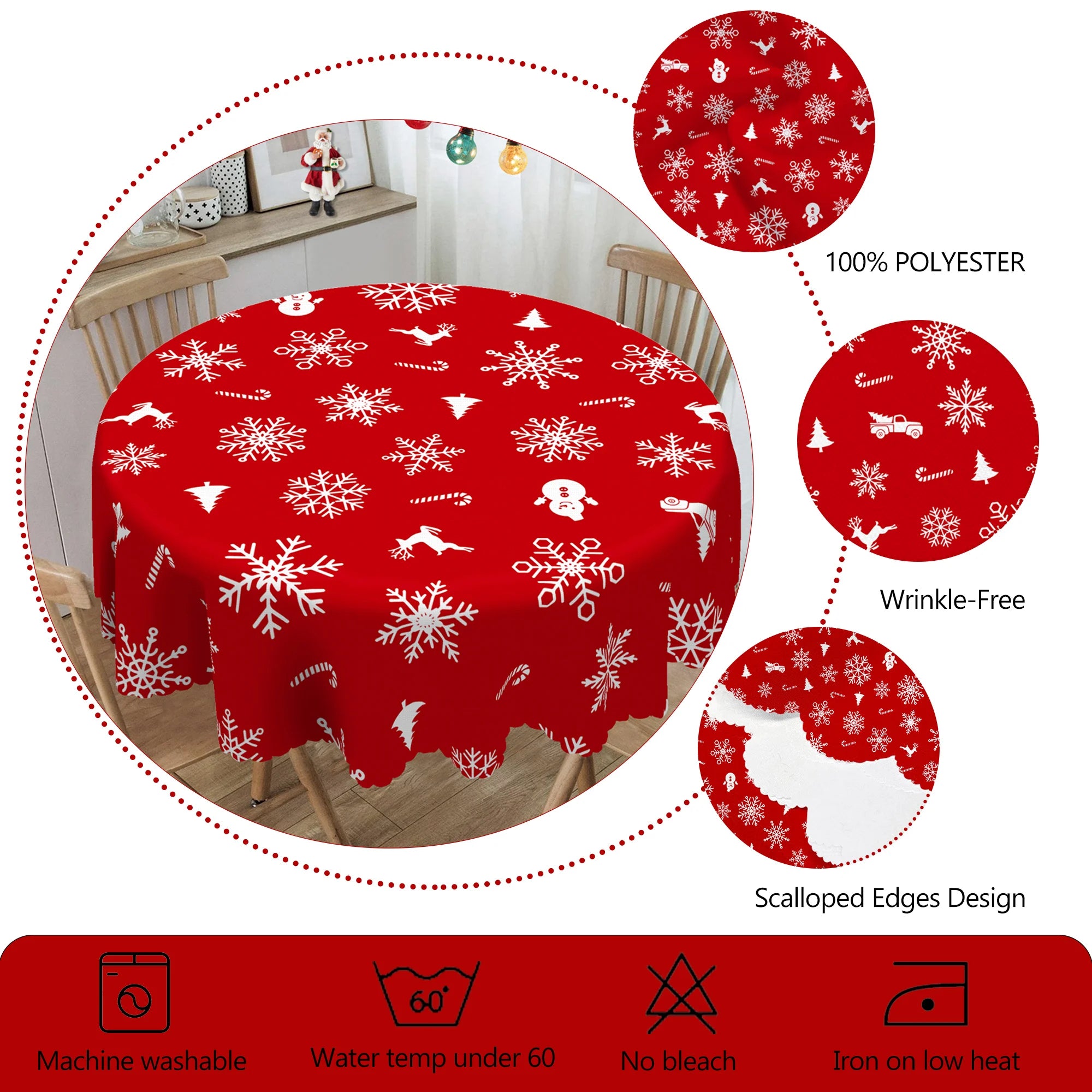1 Piece of Christmas Round and Rectangular Tablecloth, Various Sizes, Christmas Snowflake Exquisite Decorations, Red Tablecloth, Christmas Courtyard Tablecloth Decoration, Suitable for Daily Home Kitchen, Party Use, Tableclot