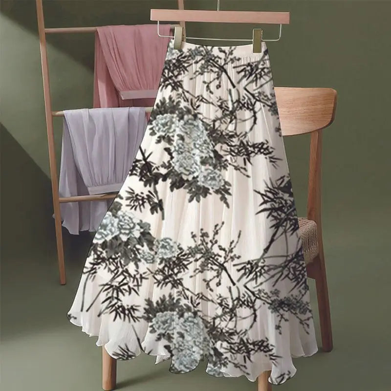 Women's Floral Skirt High Waist Long New 2025 Printed Chiffon Skirt Summer Woman Skirts Mujer Faldas Umbrella Skirt A963