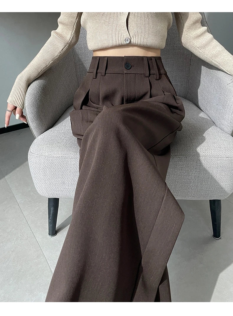 High Waist Autumn Winter Vintage Button Women's Wide Leg Pants 2025 New Loose Solid Korean Straight Full Length Trousers Female