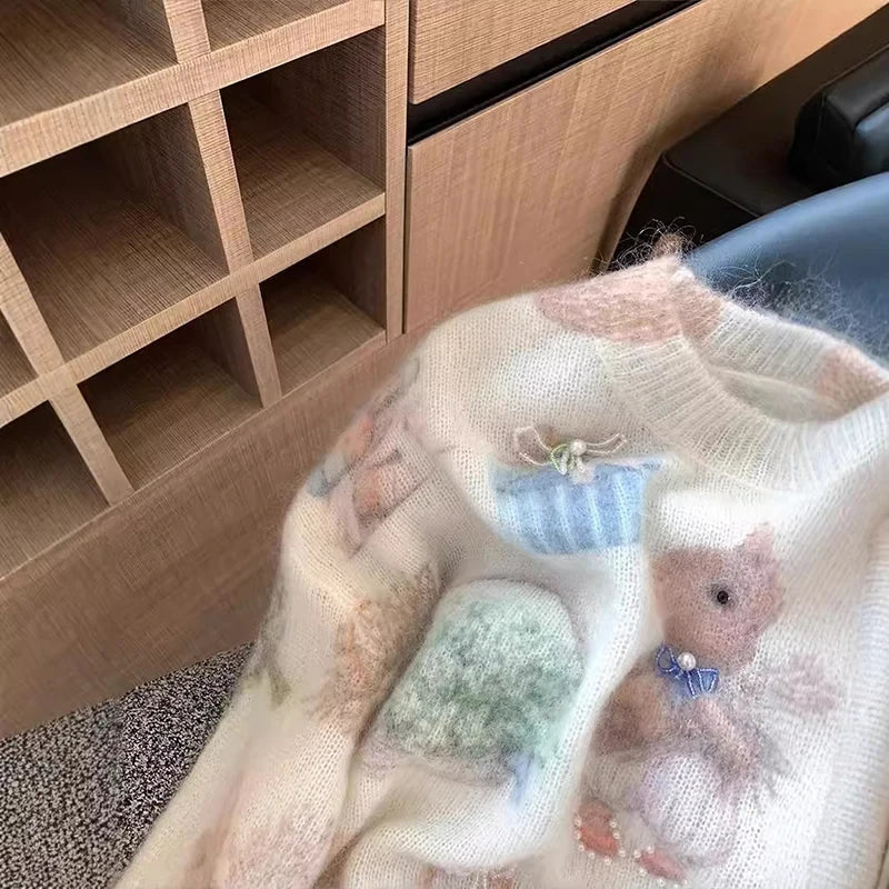 Fashion Rabbit Printed Beaded Sweater Women's Autumn Winter New Soft Glutinous Design Sense Knitted Top Luxury Sequin Sweaters