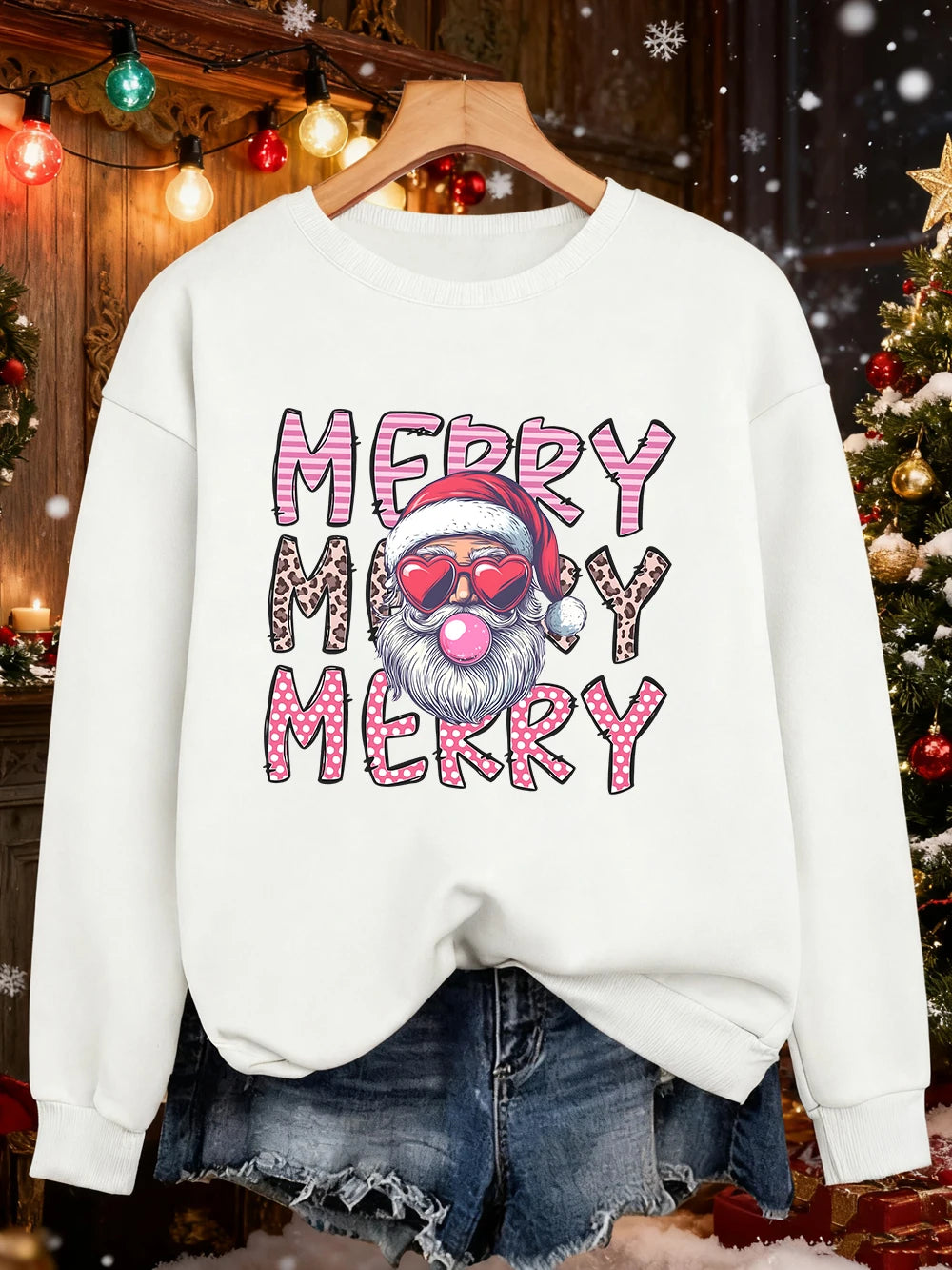 Merry Christmas Santa Claus Printed Sweatshirts Women Loose Casual Hoodies Fleece Warm Crewneck Pullover Winter Soft Clothes