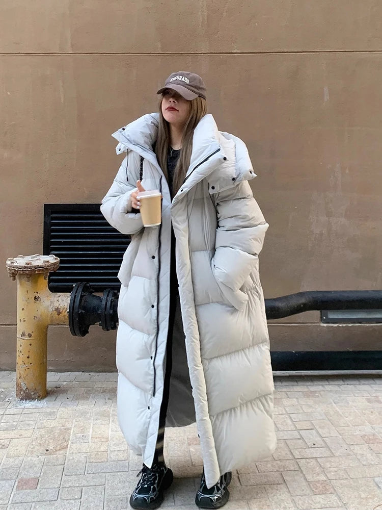 Winter Thick Long Hooded Down Jacket Female Solid Warm Outdoor Parkas Outwears Women White Duck Down Knee Length Down Jackets
