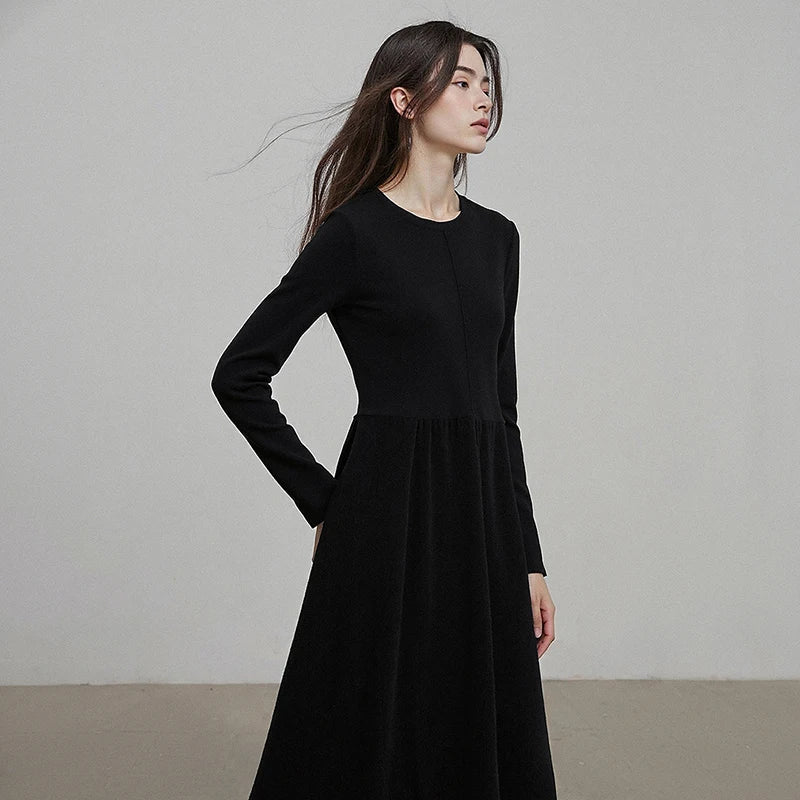 TOYOUTH Women Dresses 2025 Winter New Little Black Dress Spliced Crew-neck Minimalist Base Dresses
