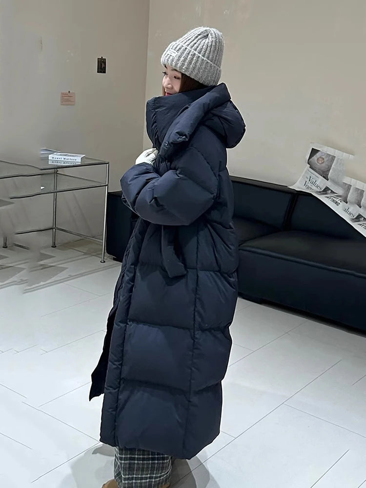 Winter Thick Long Hooded Down Jacket Female Solid Warm Outdoor Parkas Outwears Women White Duck Down Knee Length Down Jackets