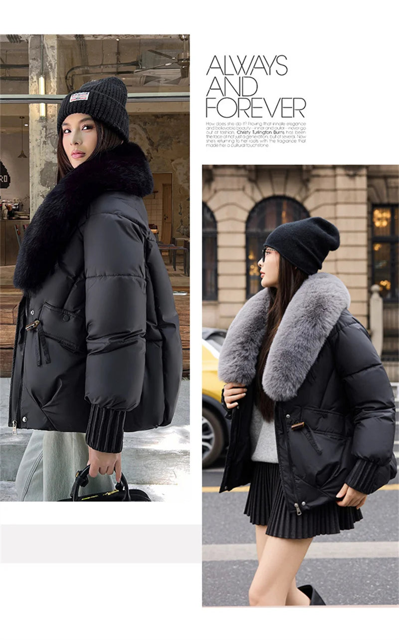 2025 Fashion Big Fur Collar Down Cotton-padded Jacket Women's Short Parkas Winter Streetwear Outerwear Lady Thicken Loose Coats
