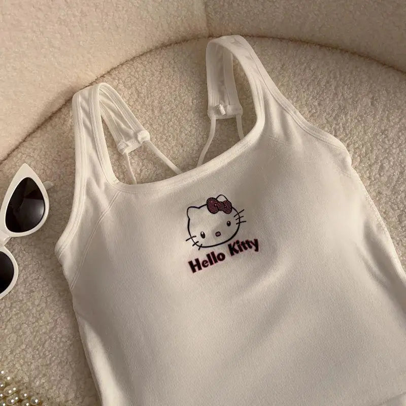 Kawaii Hellokitty Fashion Women Clothing Y2K Tops with Breast Pad Cute T-Shirt Girls Summer Cropped Tops White Sexy Suspender
