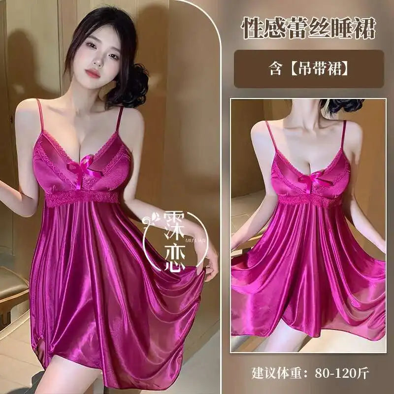 Ice Silk Strap Nightdress Summer Loungewear Mid-Length Nightdress Elegant Lace Sleeveless Couple Mood Uniform Pure Desire ZYAW